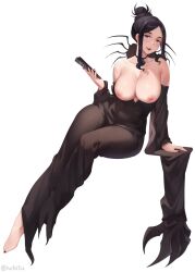 Rule 34 | arachne (soul eater), barefoot, black hair, blue eyes, breasts, breasts out, clothes pull, dress, dress pull, female focus, hand fan, iwbitu, large breasts, long hair, looking at viewer, sitting, soul eater, white background
