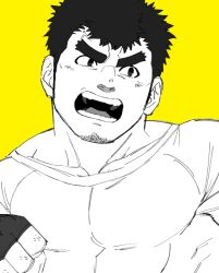 Rule 34 | 1boy, bara, blush, clenched hand, facial hair, fighting stance, forked eyebrows, frown, goatee, goatee stubble, greyscale with colored background, huge eyebrows, light blush, long sideburns, looking ahead, male focus, muscular, muscular male, oskn tengoku, pectorals, short hair, sideburns, solo, stubble, takabushi kengo, tokyo houkago summoners, upper body, yellow background