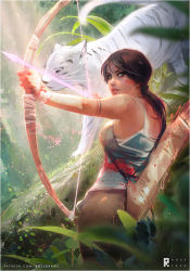 Rule 34 | blood, blue eyes, bow (weapon), brown hair, forest, from behind, jungle, lara croft, nature, over shoulder, plant, ponytail, sunlight, tank top, tattoo, tiger, tomb raider, tomb raider (reboot), tree, weapon, white tiger