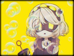 Rule 34 | 1girl, aida (aidacamelia0516), android, black hairband, black jacket, blowing bubbles, bubble wand, hairband, highres, jacket, long sleeves, looking at viewer, medium hair, murder drones, simple background, solo, upper body, v (murder drones), white hair, yellow eyes