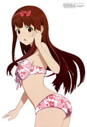 Rule 34 | 1girl, :o, absurdres, arched back, ass, bare arms, bikini, blush, breasts, brown eyes, brown hair, floral print, hair ribbon, highres, idolmaster, idolmaster million live!, long hair, looking at viewer, megami magazine, official art, open mouth, print bikini, ribbon, scan, sideboob, sidelocks, simple background, small breasts, solo, standing, swimsuit, tanaka kotoha, white background, white bikini
