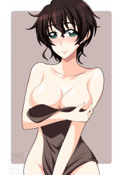 Rule 34 | 1girl, akiyama yoshiko, artist logo, blush, breast hold, breasts, brown hair, cleavage, closed mouth, commentary, earrings, girls und panzer, green eyes, grey background, highres, holding, holding towel, ichijou takakiyo, jewelry, large breasts, looking at viewer, mature female, messy hair, naked towel, outside border, rounded corners, short hair, smile, solo, standing, stud earrings, towel, towel tug