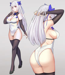 Rule 34 | 1girl, adjusting hair, arm at side, arms behind head, ass, bad id, bad pixiv id, black gloves, black thighhighs, blunt bangs, breasts, bridal gauntlets, cleavage cutout, clothing cutout, covered navel, dress, elbow gloves, fingerless gloves, full body, gloves, gongba laoge, grey background, hair ribbon, halterneck, high heels, impossible clothes, large breasts, lips, long hair, looking at viewer, multiple views, one-piece swimsuit, original, red eyes, ribbon, sideboob, silver dress, silver hair, swimsuit, thighhighs, thighs, white one-piece swimsuit