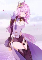 Rule 34 | 1girl, absurdres, black footwear, black gloves, black shorts, blue eyes, boots, breasts, cleavage, closed mouth, cloud, cloudy sky, elf, elysia (honkai impact), elysia (miss pink elf) (honkai impact), gloves, hair ornament, highres, honkai (series), honkai impact 3rd, kai1up, large breasts, long hair, looking at viewer, medium breasts, outdoors, pink hair, pointy ears, ponytail, shorts, single glove, sky, smile, solo, thigh boots, thighhighs, water