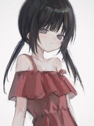 Rule 34 | 1girl, 6nemua, black hair, closed mouth, collarbone, dress, expressionless, flat chest, grey eyes, highres, long hair, looking at viewer, low twintails, off-shoulder dress, off shoulder, original, red dress, solo, strap slip, twintails, upper body