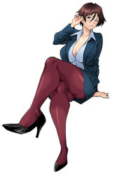 Rule 34 | 1girl, arm support, blue jacket, blue skirt, breasts, brown hair, brown pantyhose, cleavage, collared shirt, crossed legs, dress shirt, glasses, high heels, jacket, large breasts, mature female, miniskirt, office lady, original, pantyhose, pinstripe pattern, pinstripe shirt, shirt, short hair, sitting, skirt, striped, thick thighs, thighs, yukiyanagi