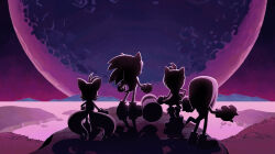 Rule 34 | 1girl, 3boys, absurdres, amy rose, animal ears, antenna hair, backlighting, boots, clenched hands, dark, dress, evan stanley, facing away, fox boy, fox ears, fox tail, from behind, full body, full moon, furry, furry female, furry male, gloves, grass, hammer, hand on own hip, hands up, highres, holding, holding hammer, holding weapon, knee boots, knuckles the echidna, long hair, moon, mountainous horizon, multiple boys, multiple tails, night, official art, outdoors, shadow, shoes, short dress, short hair, sonic (series), sonic frontiers, sonic the hedgehog, spiked gloves, spiked hair, standing, tail, tails (sonic), the end (sonic frontiers), toy hammer, two-handed, two tails, weapon
