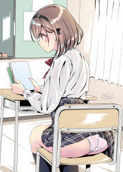 Rule 34 | 1girl, ass, assisted exposure, blush, book, bow, brown eyes, brown hair, chair, classroom, clothes lift, clueless, collared shirt, curtains, desk, from behind, hairband, highres, holding, holding book, kobayashi chisato, long sleeves, original, panties, plaid, plaid skirt, red bow, school uniform, shirt, short hair, sitting, skirt, skirt lift, solo, underwear, wedgie, white panties