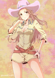 Rule 34 | 10s, 1girl, bare legs, belt, bracelet, breasts, brown eyes, cleavage, commentary request, cowboy hat, cowboy shot, hamakawa ayuna, hand on own hip, hat, idolmaster, idolmaster cinderella girls, jewelry, legs apart, long hair, medium breasts, necklace, numahito, pink hair, pink hat, solo, standing