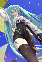 Rule 34 | 1girl, aqua eyes, aqua hair, asymmetrical bodysuit, black bodysuit, blush, bodysuit, boots, breasts, closed mouth, confetti, covered navel, crop top, crop top overhang, cropped jacket, flag, flagpole, flame print, from below, gloves, goodsmile company, green gloves, haruwo, hatsune miku, highres, holding, holding flag, holding pole, long hair, looking at viewer, medium breasts, pole, racing miku, racing miku (2022), single thigh boot, sky, smile, smiley face, solo, thigh boots, thighhighs, twintails, very long hair, vocaloid