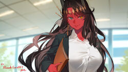 Rule 34 | + +, 1girl, absurdres, black hair, black horns, blue eyes, blurry, blurry background, breasts, colored skin, commission, earrings, heterochromia, highres, horns, ibaraki shun, indie virtual youtuber, jewelry, large breasts, long hair, looking at viewer, orange eyes, red skin, riinah lucid, shirt, skeb commission, smile, solo, symbol-shaped pupils, upper body, virtual youtuber, white shirt