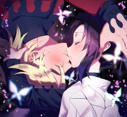 Rule 34 | 1boy, 1girl, animal print, blonde hair, blush, bug, butterfly, butterfly hair ornament, butterfly print, cloak, closed eyes, demon boy, douma (kimetsu no yaiba), fingernails, from side, gradient hair, green nails, hair intakes, hair ornament, hair slicked back, hand on another&#039;s head, haori, height difference, hetero, high collar, imminent kiss, insect, japanese clothes, kimetsu no yaiba, kochou shinobu, light particles, long fingernails, long hair, long sleeves, multicolored hair, nail polish, parted bangs, petite, ponytail, purple butterfly, purple hair, sellel, sharp fingernails, size difference, thick eyebrows, toned, toned male, turtleneck, upside-down, white cloak