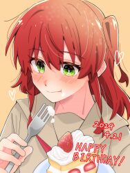 Rule 34 | 1girl, absurdres, birthday, blush, bocchi the rock!, bow, bowtie, brown sailor collar, brown serafuku, cake, chewing, cream, dated, eating, english text, food, fork, fruit, happy, happy birthday, heart, highres, holding, holding fork, kita ikuyo, long hair, looking down, meganeee31, one side up, plate, red bow, red bowtie, red hair, sailor collar, school uniform, serafuku, shuka high school uniform, simple background, smile, solo, strawberry, strawberry shortcake, yellow background