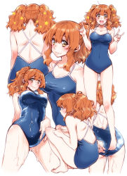 Rule 34 | 10s, 1girl, blue one-piece swimsuit, blush, breasts, brown hair, competition school swimsuit, double v, from below, full body, highres, idolmaster, idolmaster cinderella girls, large breasts, moroboshi kirari, multiple views, one-piece swimsuit, school swimsuit, smile, standing, swimsuit, takanashi ringo, v, yellow eyes
