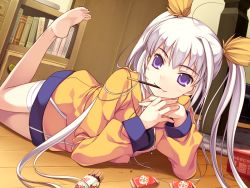 Rule 34 | 1girl, amakura, bandages, barefoot, bookshelf, fang, feet, food, game cg, jacket, leg up, lying, on stomach, pocky, purple eyes, sachiko (toppara), soles, solo, toes, toppara, translation request, twintails, white hair