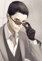 Rule 34 | 1boy, adjusting eyewear, black gloves, black hair, dress shirt, fangs, fangs out, formal, gloves, hair slicked back, hal (hal0x0), hand up, highres, light smile, lips, looking at viewer, looking over eyewear, male focus, nose, open clothes, open shirt, orange eyes, original, pale skin, parted lips, realistic, sanpaku, shirt, short hair, solo, suit, sunglasses, upper body, vampire, very short hair, vest