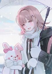 Rule 34 | 1girl, :d, b1cn, black jacket, blush stickers, bow, danganronpa (series), danganronpa 2: goodbye despair, ear bow, galaga, hair intakes, hair ornament, highres, holding, holding umbrella, hood, hood down, hooded jacket, jacket, long sleeves, looking at another, looking down, nanami chiaki, neck ribbon, open clothes, open jacket, open mouth, pink bow, pink eyes, ribbon, scarf, scarf bow, smile, solo, teeth, umbrella, upper body, white bow