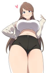 Rule 34 | 1girl, absurdres, armpit peek, bare shoulders, black shorts, blue eyes, breasts, brown hair, closed mouth, cowboy shot, crop top, foreshortening, hand on own hip, hand up, highres, jacket, large breasts, long hair, long sleeves, looking at viewer, luke (dydansgur), midriff, mole, mole under eye, navel, off shoulder, open clothes, open jacket, original, ponytail, shirt, short shorts, shorts, simple background, sleeveless, sleeveless shirt, smile, solo, standing, stomach, swept bangs, thighs, white background, white jacket, white shirt