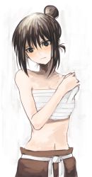 Rule 34 | 1girl, amputee, bandages, bandages around chest, bare shoulders, black eyes, black hair, closed mouth, commentary request, fullmetal alchemist, hair between eyes, hair bun, highres, kao (kaoree), lan fan, light frown, looking at viewer, midriff, navel, sarashi, short hair, simple background, single hair bun, solo, standing, stomach, white background