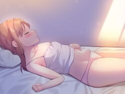 Rule 34 | 1girl, bad arm, bare arms, bare shoulders, bed sheet, blush, breasts, brown hair, camisole, closed eyes, collarbone, commentary request, covered erect nipples, goldowl, hand on own stomach, hand up, highres, long hair, lying, navel, on back, original, panties, parted lips, pillow, pink panties, profile, sleeping, small breasts, solo, strap slip, underwear, underwear only, white camisole