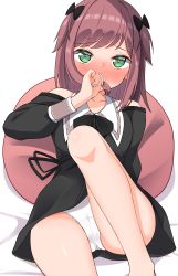 Rule 34 | 1girl, absurdres, bare shoulders, bed sheet, black bow, black dress, blush, bow, breasts, brown hair, cameltoe, collarbone, commentary request, covered mouth, dress, feet out of frame, green eyes, green hair, hair bow, hekomii, highres, looking at viewer, lying, nose blush, off-shoulder dress, off shoulder, on back, original, panties, pillow, small breasts, solo, two side up, underwear, white panties