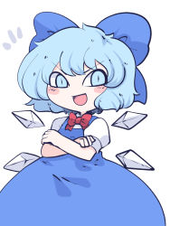 Rule 34 | 1girl, blue bow, blue dress, blue eyes, blue hair, blush stickers, bow, chahan (fried rice0614), cirno, collared shirt, crossed arms, detached wings, dress, fairy, hair bow, highres, ice, ice wings, one-hour drawing challenge, open mouth, puffy short sleeves, puffy sleeves, shirt, short hair, short sleeves, simple background, smile, solo, touhou, white background, white shirt, wings