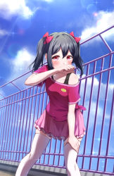 Rule 34 | 10s, 1girl, black hair, blue sky, blush, bow, cloud, collarbone, commentary request, covering own mouth, day, hair bow, hand on own thigh, highres, hitotsuki no yagi, looking at viewer, love live!, love live! school idol project, pink skirt, red bow, red eyes, short hair, skirt, sky, solo, sparkle, standing, thighhighs, twintails, white thighhighs, yazawa nico, zettai ryouiki
