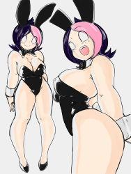 Rule 34 | 1girl, absurdres, animal ears, bad id, bad twitter id, bare legs, bare shoulders, black footwear, black hair, black leotard, black neckwear, blank eyes, borrowed character, bow, bowtie, breasts, cleavage, commentary request, commission, cuffs, detached collar, fake animal ears, highres, large breasts, leotard, multicolored hair, multiple views, open mouth, original, pink hair, playboy bunny, rabbit ears, rabbit tail, sideboob, simple background, smile, streaked hair, tail, toshinoshin, two-tone hair, white background