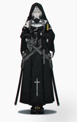 Rule 34 | 1girl, armor, asymmetrical sleeves, barcode, barcode tattoo, belt buckle, belt pouch, buckle, cross, detached sleeves, emblem, closed eyes, fingerless gloves, gloves, grey hair, habit, highres, holstered, katana, latin cross, nilzynox, nun, original, own hands together, pouch, praying, rosary, scabbard, scar, scar on face, sheath, solo, sword, tattoo, weapon