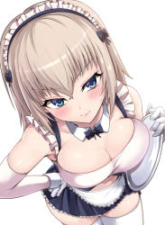 Rule 34 | 1girl, alternate costume, blue eyes, blush, breasts, brown hair, cleavage, closed mouth, elbow gloves, girls und panzer, gloves, hand on own hip, highres, holding, holding tray, itsumi erika, kasai shin, large breasts, lips, long hair, looking at viewer, maid, solo, thighhighs, tray, white gloves, white thighhighs