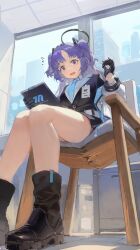 Rule 34 | 1girl, absurdres, bare legs, black footwear, black gloves, black skirt, blue archive, blue necktie, blush, boots, breasts, chair, collared shirt, foot out of frame, formal, from below, gloves, halo, highres, id card, indoors, jacket, large breasts, legs, long hair, long sleeves, mechanical halo, meinoss, necktie, open clothes, open jacket, open mouth, pleated skirt, purple eyes, purple hair, shirt, sitting, skirt, solo, suit, white jacket, white shirt, yuuka (blue archive)