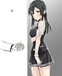 Rule 34 | 1girl, 1other, black hair, black skirt, black vest, blue ribbon, blush, breasts, commentary, cowboy shot, door, doorknob, gloves, green eyes, hair ornament, hairclip, kantai collection, long hair, medium breasts, neck ribbon, one-hour drawing challenge, oyashio (kancolle), parted lips, pleated skirt, ribbon, shirt, short sleeves, skirt, standing, usami (50-point caliper), vest, wet, wet clothes, white gloves, white shirt