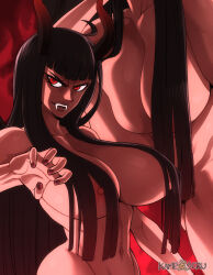 Rule 34 | 1girl, absurdres, arched back, black hair, blunt bangs, breasts, close-up, curled fingers, demon girl, fangs, female focus, groin, hair over breasts, hair over shoulder, hana hana no mi, highres, horns, huge breasts, kameseru, large breasts, long hair, mature female, multiple views, navel, nico robin, nipple slip, nipples, nose, nude, one piece, parted lips, red eyes, red teme, sideways glance, smile, solo, teeth, tsurime, upper body, upper teeth only, v-shaped eyebrows
