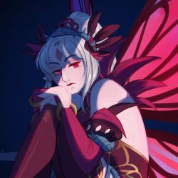 Rule 34 | butterfly wings, close-up, crown of thorns, curled up, dash (734851641), facial mark, fire emblem, fire emblem heroes, forehead mark, hands on own knees, highres, insect wings, looking at viewer, multicolored hair, nintendo, parted bangs, plumeria (fire emblem), ponytail, red eyes, two-tone hair, wings