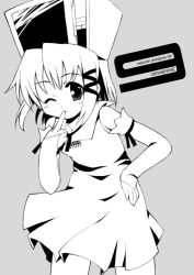 Rule 34 | 1girl, ;), armlet, bare shoulders, blush, collar, contrapposto, dress, grey background, greyscale, hair ornament, hairpin, hat, leaning forward, looking at viewer, monochrome, nekonin, one eye closed, original, simple background, sleeveless, sleeveless dress, smile, solo, standing