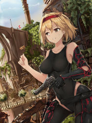 Rule 34 | 10s, 1girl, alternate costume, ammunition, arrow (symbol), belt, belt pouch, black gloves, black thighhighs, blonde hair, blue sky, breasts, brown eyes, building, cartridge, collarbone, contrapposto, cowboy shot, day, djeeta (granblue fantasy), earrings, gloves, granblue fantasy, gun, gunslinger (granblue fantasy), hair ribbon, hairband, highres, holding, holding gun, holding weapon, jewelry, leotard, medium breasts, outdoors, palm tree, parted lips, plant, pouch, red ribbon, ribbon, ruins, short hair, single glove, sky, solo focus, standing, sweatdrop, teeth, thighhighs, tower, tree, trigger discipline, weapon, white crow