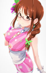 Rule 34 | 1girl, akizuki ritsuko, ass, bodypaint, braid, breasts, closed mouth, collarbone, commentary request, earrings, flower, from side, glasses, gloves, grey background, hair flower, hair ornament, hair over shoulder, hand on own chest, heart pasties, hip focus, idolmaster, idolmaster (classic), jewelry, long hair, looking at viewer, medium breasts, nipples, no bra, no panties, painted clothes, pasties, revealing clothes, semi-rimless eyewear, simple background, solo, standing, sweatdrop, tengu (tetuo kun), white gloves