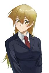 Rule 34 | 1girl, alternate costume, blonde hair, blue jacket, breasts, closed mouth, collared shirt, floating hair, hair between eyes, jacket, long sleeves, looking at viewer, medium breasts, necktie, red necktie, rourou ill, shirt, simple background, solo, straight hair, tenjouin asuka, upper body, white background, white shirt, wing collar, yellow eyes, yu-gi-oh!, yu-gi-oh! gx