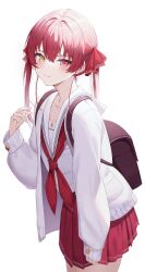 Rule 34 | 1girl, backpack, bag, blush, hair ornament, hair ribbon, heterochromia, highres, hololive, houshou marine, kinsuke z, long hair, looking at viewer, red eyes, red hair, red ribbon, ribbon, school uniform, serafuku, simple background, skirt, smile, solo, sweater, twintails, virtual youtuber, white background, yellow eyes
