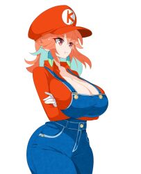 Rule 34 | 1girl, aqua hair, breasts, cleavage, cosplay, crossed arms, curvy, disgust, earrings, feather earrings, feathers, gloves, hat, hololive, hololive english, huge breasts, jewelry, kfp, kfp employee (takanashi kiara), large breasts, mario, mario (series), multicolored hair, nintendo, orange hair, overalls, pout, red eyes, riqcrow, solo, takanashi kiara, thighs, white background, wide hips