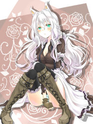 Rule 34 | 1girl, animal ears, azuuru (azure0608), bad id, bad pixiv id, boots, braid, breasts, cleavage, cross-laced footwear, dog ears, fingerless gloves, gloves, green eyes, highres, lace, lace-trimmed legwear, lace-up boots, lace trim, original, solo, thighhighs, white hair