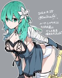 Rule 34 | 1girl, bandaged arm, bandaged leg, bandages, breasts, byleth (female) (fire emblem), byleth (fire emblem), cleavage, closed mouth, cosplay, dated, dress, fire emblem, fire emblem: three houses, flower, green eyes, green hair, grey background, hair flower, hair ornament, heroes relic (fire emblem), ijiro suika, kaine (nier), kaine (nier) (cosplay), large breasts, nier, nier (series), nintendo, simple background, solo, sword of the creator, twitter username