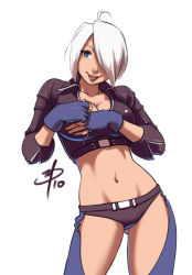 Rule 34 | 1girl, :p, ahoge, angel (kof), blue eyes, breasts, chaps, cleavage, cropped jacket, fingerless gloves, gloves, hair over one eye, jacket, midriff, naughty face, navel, panties, polarityplus, snk, solo, the king of fighters, tongue, tongue out, underwear