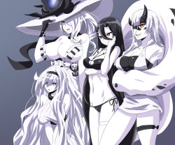 Rule 34 | 10s, 4girls, abyssal ship, anchor, aqua eyes, bare shoulders, battleship princess, battleship summer princess, bikini, black bikini, black hair, breast hold, breasts, cleavage, cleavage cutout, clothing cutout, colored skin, grey eyes, hair between eyes, hair over one eye, hairband, hand on own cheek, hand on own face, hat, heavy cruiser princess, heavy cruiser summer princess, horns, huge breasts, kantai collection, large breasts, long hair, looking away, mamiyama, multiple girls, open mouth, orange eyes, red eyes, ribbed sweater, scarf, seaport princess, seaport summer princess, side-tie bikini bottom, smile, standing, submarine princess, submarine summer princess, sun hat, sweater, swimsuit, thigh strap, very long hair, white hair, white skin