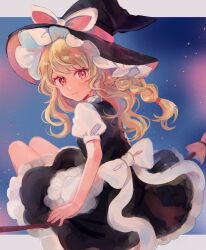 Rule 34 | 1girl, apron, black hat, black skirt, black vest, blonde hair, braid, broom, broom riding, closed mouth, frilled apron, frilled skirt, frills, hat, highres, kirisame marisa, long hair, looking at viewer, marisa day, mozukuzu (manukedori), red eyes, single braid, skirt, smile, solo, touhou, unfinished dream of all living ghost, vest, waist apron, white apron, witch hat