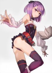 Rule 34 | 1girl, ass, bad perspective, bare shoulders, belt, book, detached collar, detached sleeves, dress, fate/grand order, fate (series), helena blavatsky (fate), highres, kuzu (miduhana), looking at viewer, panties, purple dress, purple eyes, purple hair, purple panties, purple thighhighs, short hair, simple background, smile, solo, strapless, strapless dress, thighhighs, thong, underwear