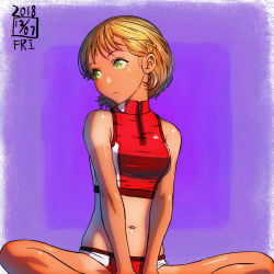 Rule 34 | 1girl, bare arms, bare legs, bare shoulders, blonde hair, buruma, closed mouth, dated, green eyes, hair ornament, hairclip, highres, ikeda (cpt), indian style, midriff, navel, original, purple background, red pupils, short hair, sitting, solo, sports bra, tan, tanline, v arms
