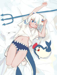 Rule 34 | arm up, bed sheet, blue eyes, blush, buruma, clenched hand, colored tips, fins, fish tail, full body, gawr gura, hair ornament, hololive, hololive english, jean bomjan, legs together, lying, multicolored hair, navel, on back, on bed, one eye closed, polearm, shark girl, shark hair ornament, shark tail, sharp teeth, shirt, shoes, sketch, stuffed animal, stuffed shark, stuffed toy, tail, teeth, teeth print, trident, uwabaki, virtual youtuber, wavy mouth, weapon, white hair, white shirt