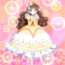 Rule 34 | 1girl, :d, bishie sparkle, blush, bow, breasts, brooch, brown hair, bubble skirt, dress, duel monster, earrings, flower, frills, full body, hair bow, hairband, happy, jewelry, juliet sleeves, lens flare, long dress, long hair, long sleeves, maiden in love, open mouth, own hands together, princess, puffy sleeves, screencap, shoes, skirt, small breasts, smile, solo, sparkle, standing, very long hair, wavy hair, yellow dress, yu-gi-oh!, yu-gi-oh! gx