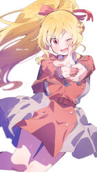 Rule 34 | 1girl, ;d, belt, blonde hair, blush, breasts, commentary request, cosplay, cowboy shot, dress, finger gun, foreshortening, grey dress, hair ribbon, high ponytail, highres, jewelry, long hair, long sleeves, looking at viewer, lycoris recoil, lycoris uniform, magia record: mahou shoujo madoka magica gaiden, mahou shoujo madoka magica, medium breasts, nishikigi chisato, nishikigi chisato (cosplay), one eye closed, open mouth, outstretched arms, paru rari, pleated dress, pointing, pointing at viewer, red belt, red dress, red eyes, red ribbon, ribbon, ring, simple background, smile, solo, standing, togame momoko, twitter username, two-tone dress, v-shaped eyebrows, white background